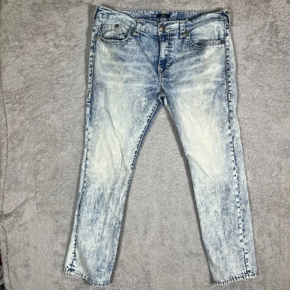 True Religion Ricky Relaxed Straight Acid Wash Jeans Mens 40 Light Blue Denim
